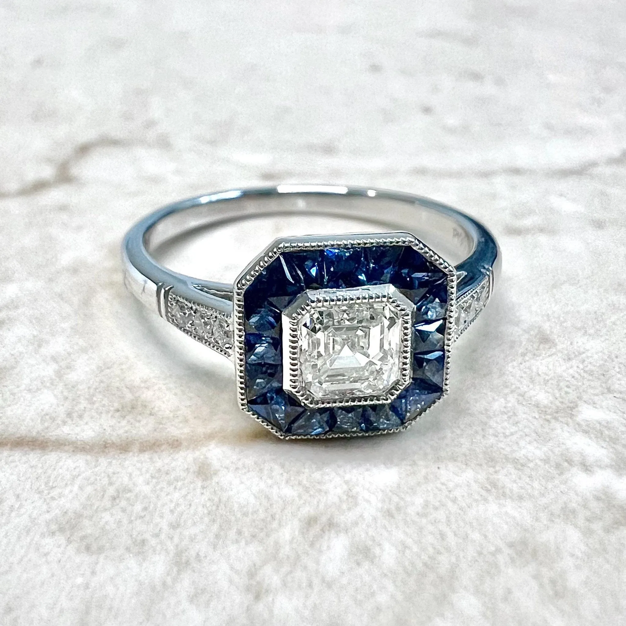 Handcrafted Platinum Art Deco Style Asscher Cut Diamond & Sapphire Halo Engagement Ring