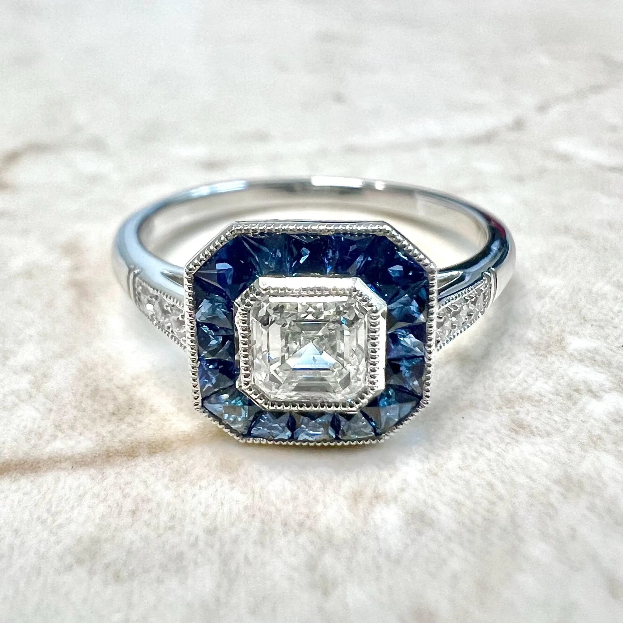 Handcrafted Platinum Art Deco Style Asscher Cut Diamond & Sapphire Halo Engagement Ring