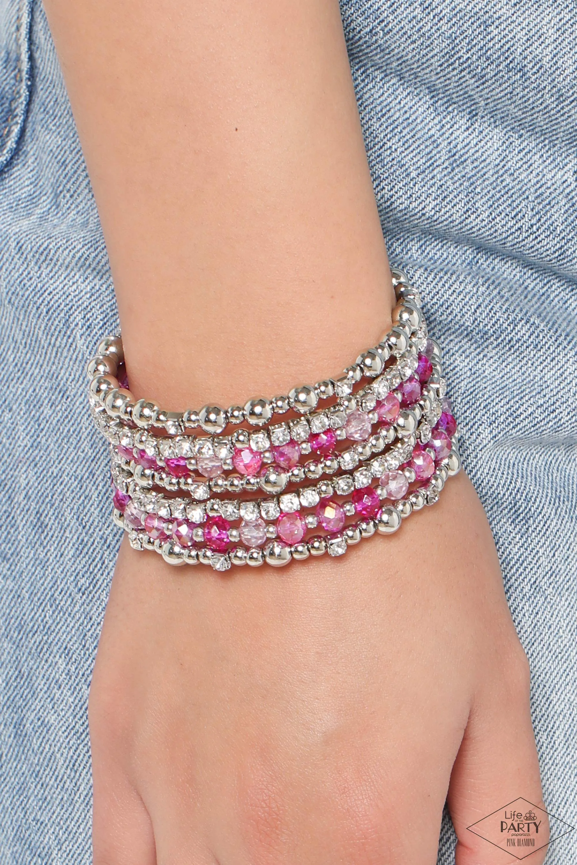 ICE Knowing You - Pink - Crystal Bead and White Rhinestone Paparazzi Coil Bracelet - Pink Diamond Exclusive