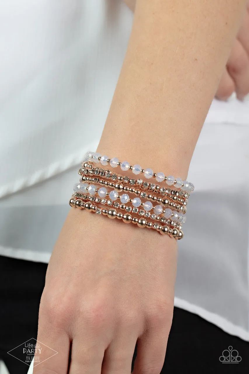 ICE Knowing You - Rose Gold - White Rhinestone and Crystal Beads Paparazzi Coil Bracelet - Pink Diamond Exclusive