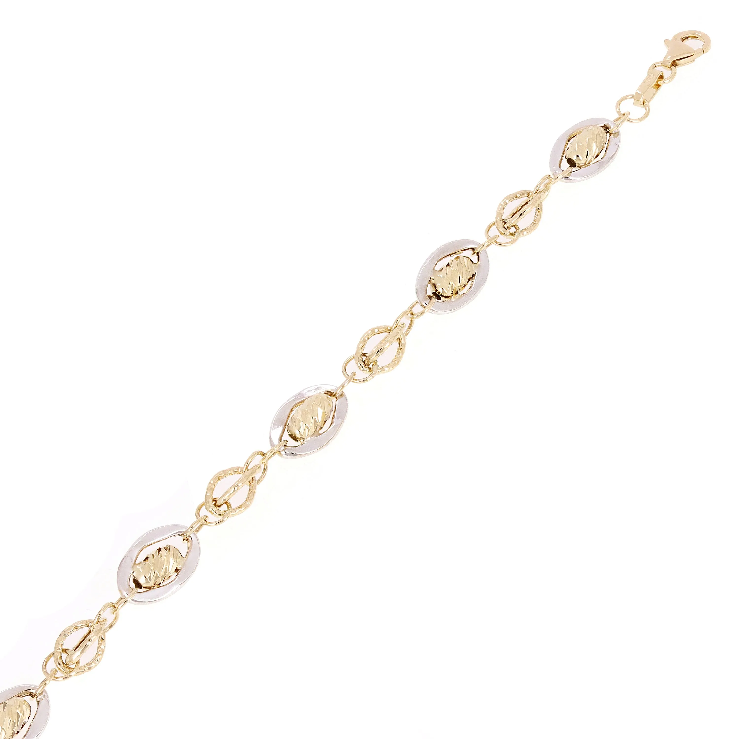 Italian 14k Two-Tone Gold Multiple Round & Oval Links Fancy Bracelet 7.5" 4.6g