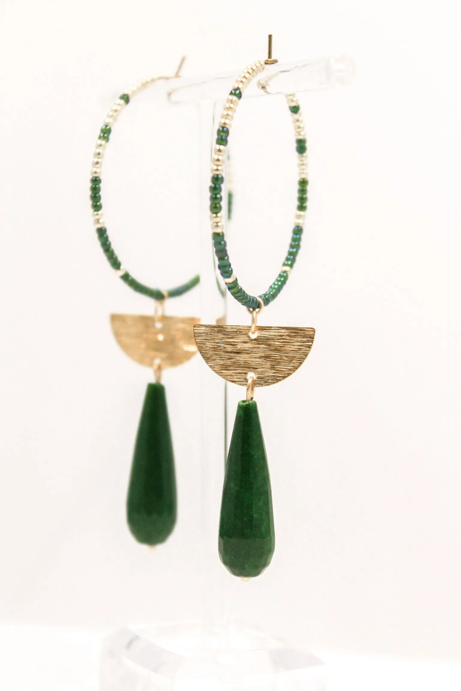 Jade Drop Hoops with Gold and Emerald Seed Beads