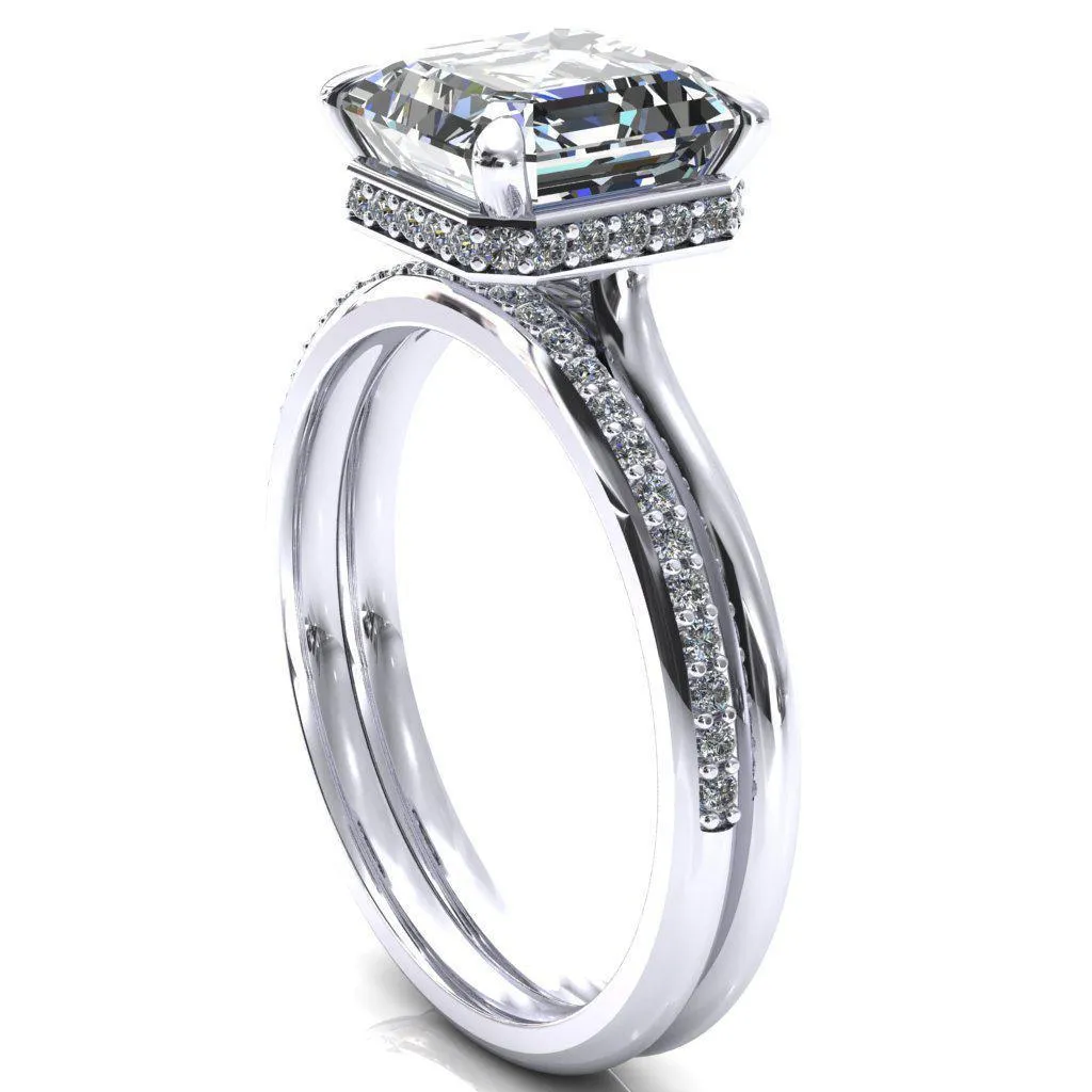 Janey Asscher Moissanite 4 Prongs Claw Floating Halo Inverted Cathedral Ring