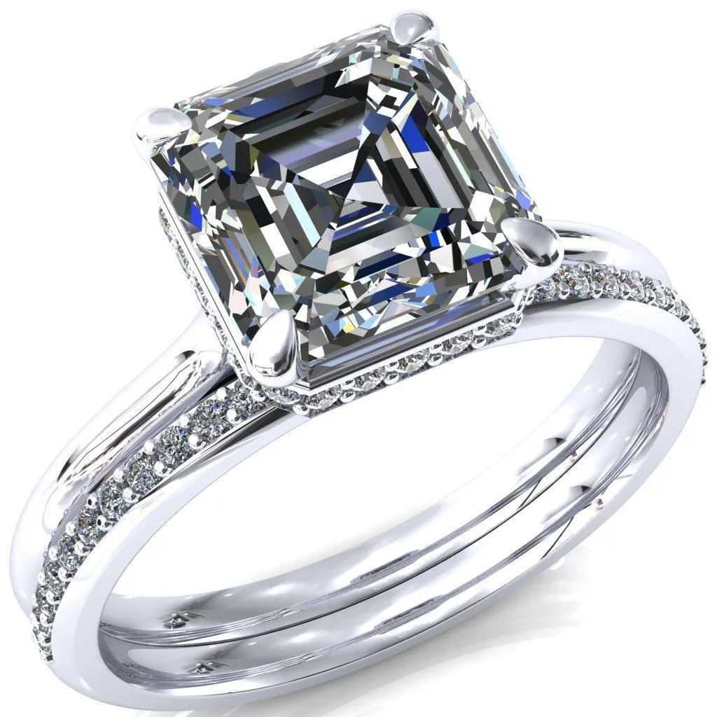 Janey Asscher Moissanite 4 Prongs Claw Floating Halo Inverted Cathedral Ring