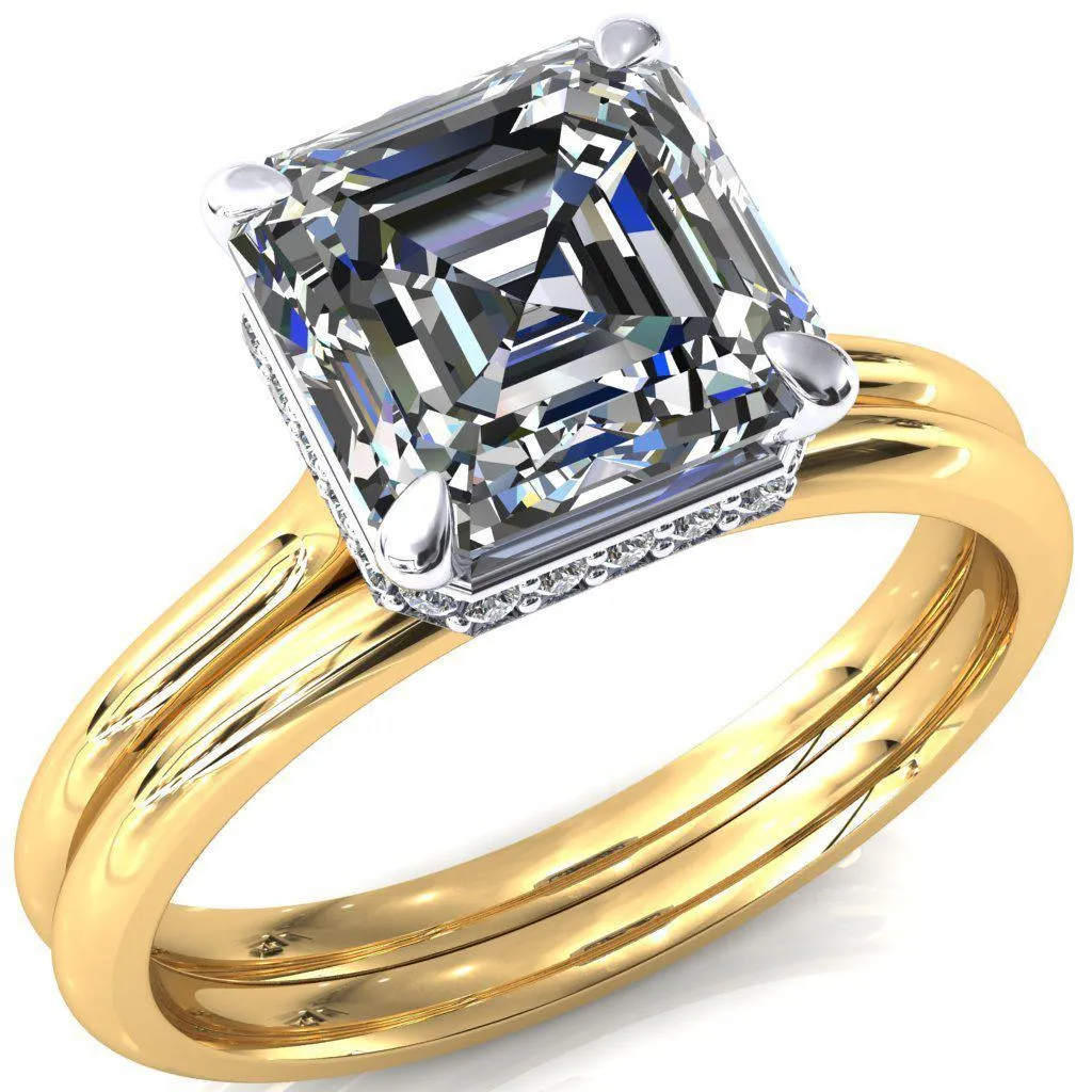 Janey Asscher Moissanite 4 Prongs Claw Floating Halo Inverted Cathedral Ring