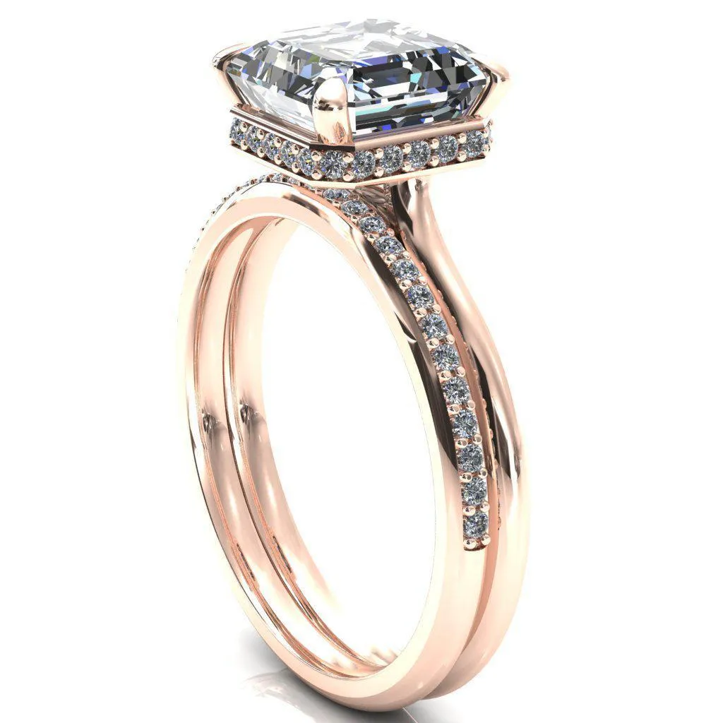 Janey Asscher Moissanite 4 Prongs Claw Floating Halo Inverted Cathedral Ring