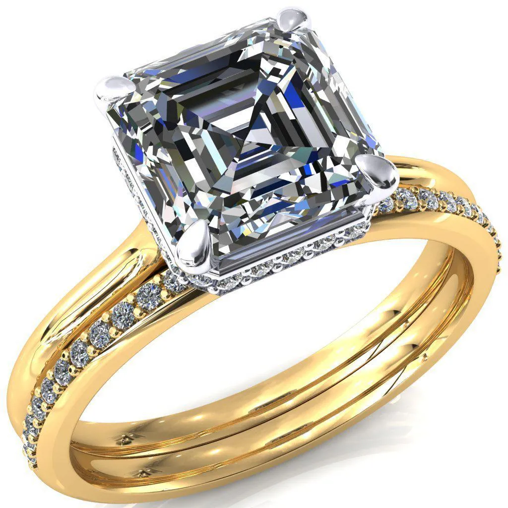 Janey Asscher Moissanite 4 Prongs Claw Floating Halo Inverted Cathedral Ring