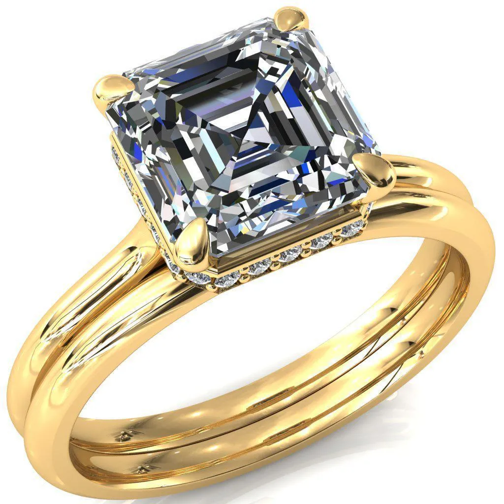 Janey Asscher Moissanite 4 Prongs Claw Floating Halo Inverted Cathedral Ring