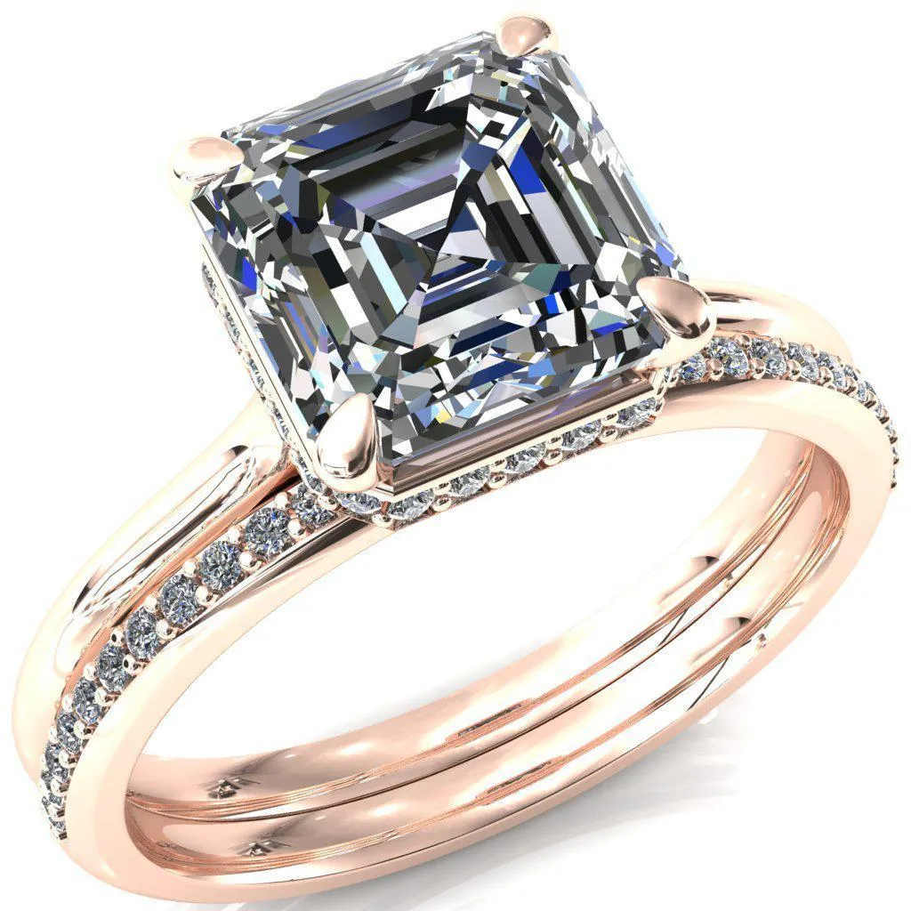 Janey Asscher Moissanite 4 Prongs Claw Floating Halo Inverted Cathedral Ring
