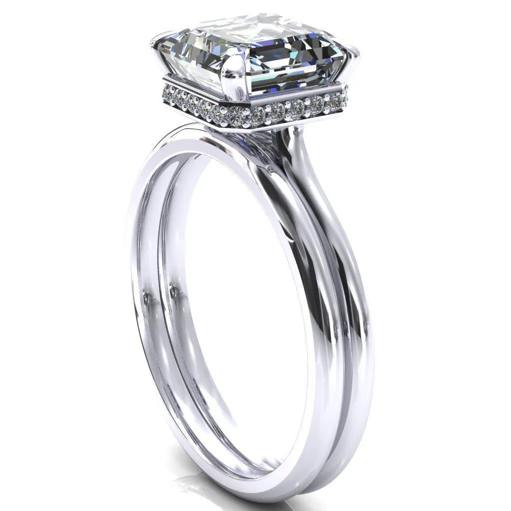 Janey Asscher Moissanite 4 Prongs Claw Floating Halo Inverted Cathedral Ring