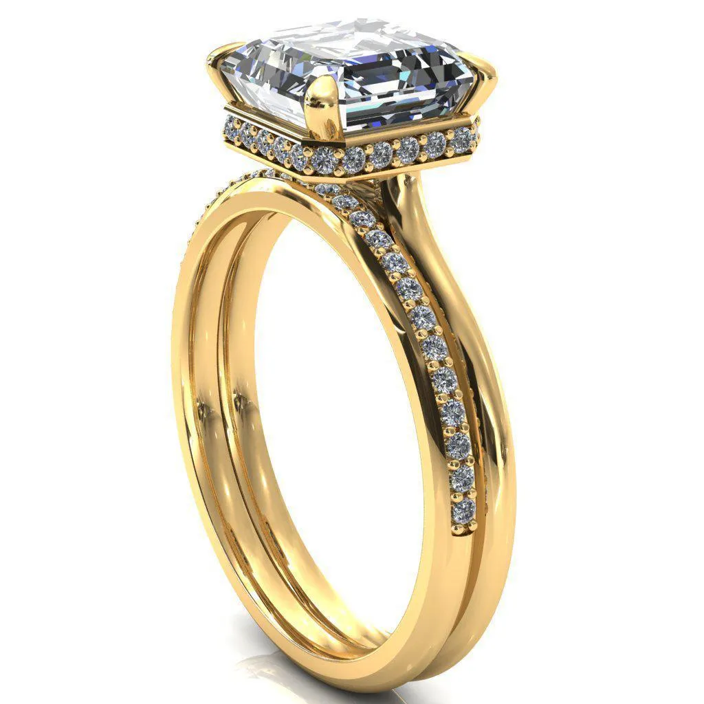 Janey Asscher Moissanite 4 Prongs Claw Floating Halo Inverted Cathedral Ring