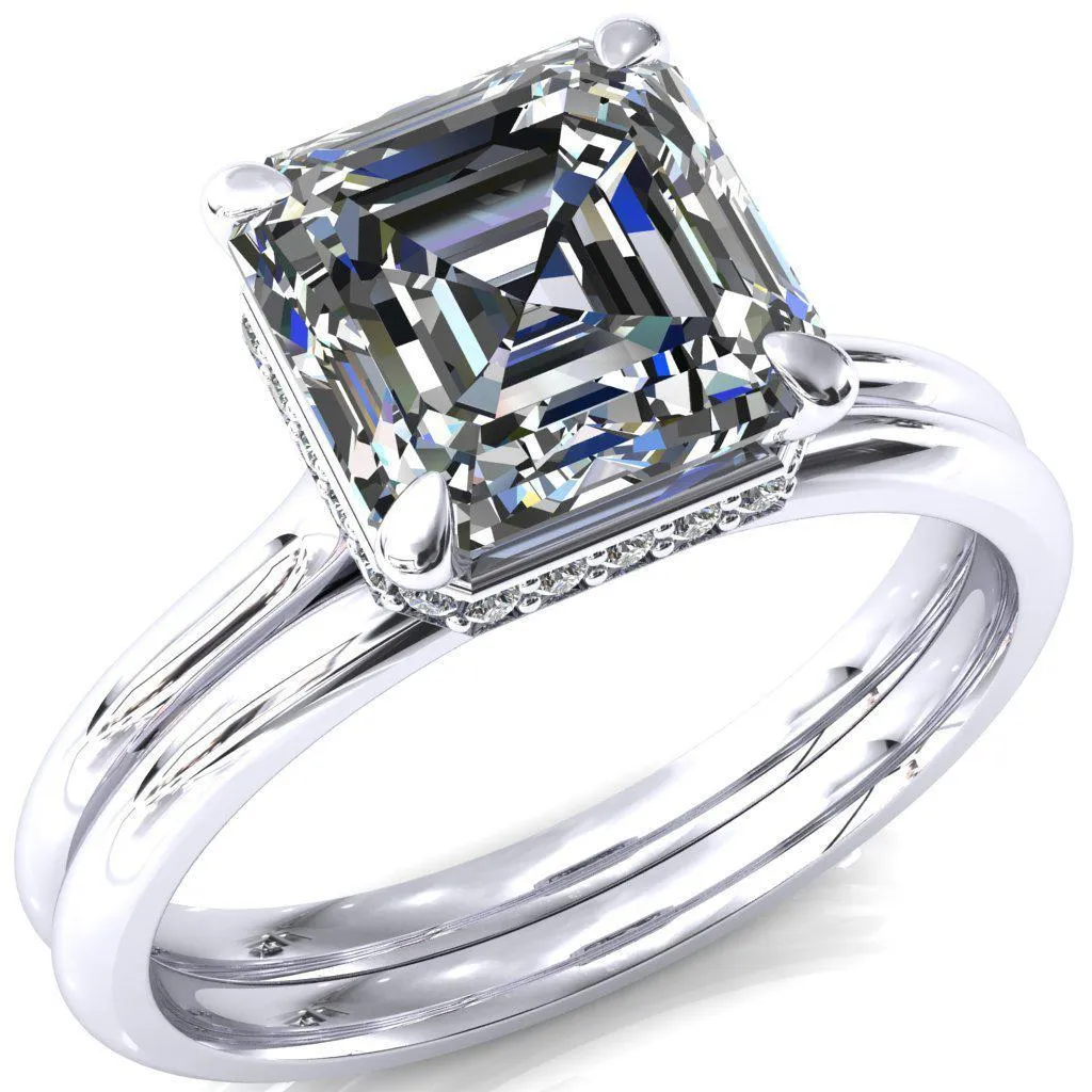 Janey Asscher Moissanite 4 Prongs Claw Floating Halo Inverted Cathedral Ring
