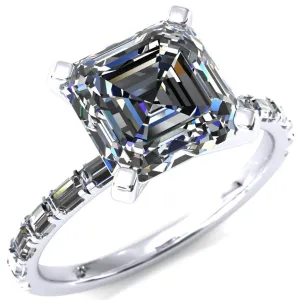 Judie Asscher Moissanite 4 V-Prong 1/2 Micropavé Baguette Diamond Accent Engagement Ring