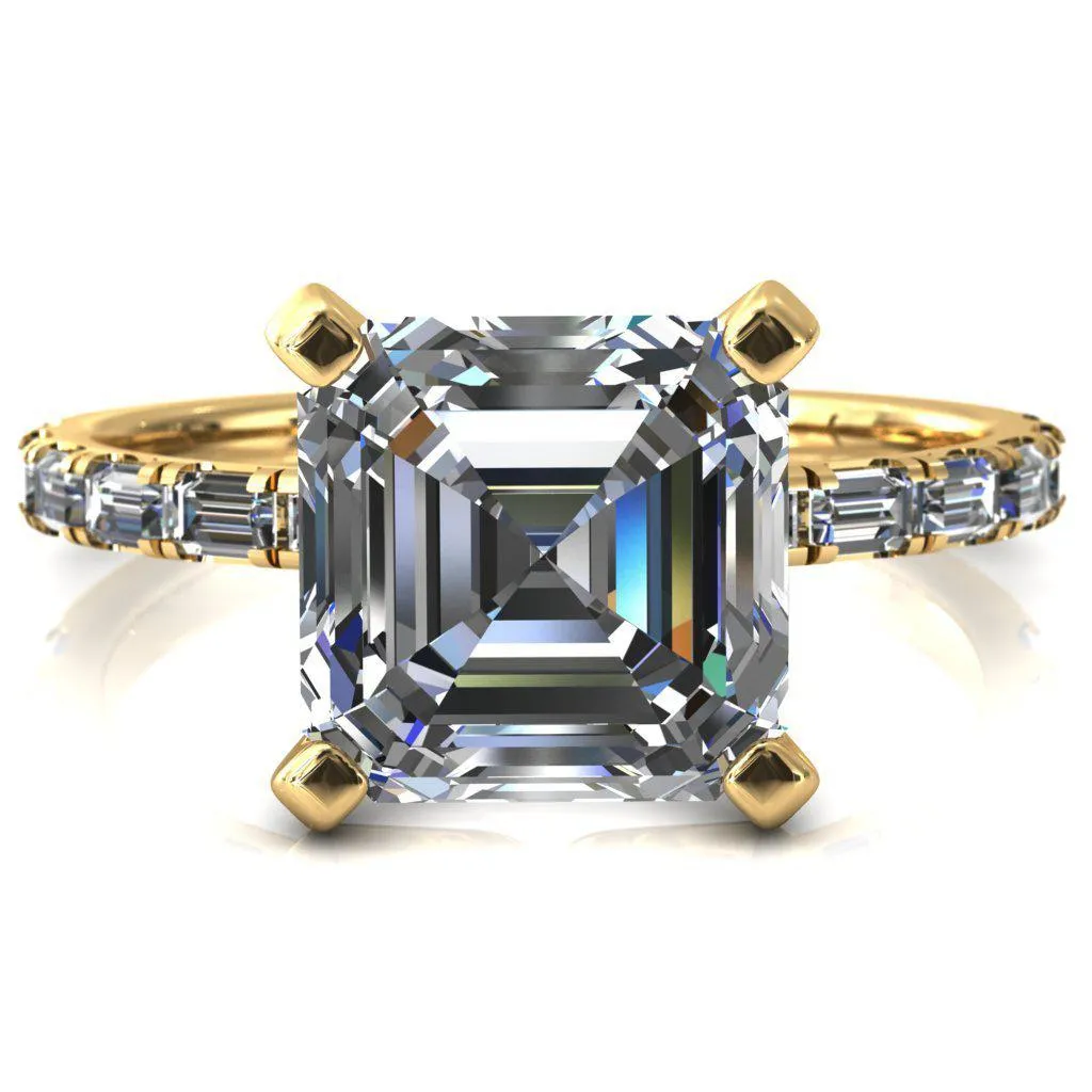 Judie Asscher Moissanite 4 V-Prong 1/2 Micropavé Baguette Diamond Accent Engagement Ring