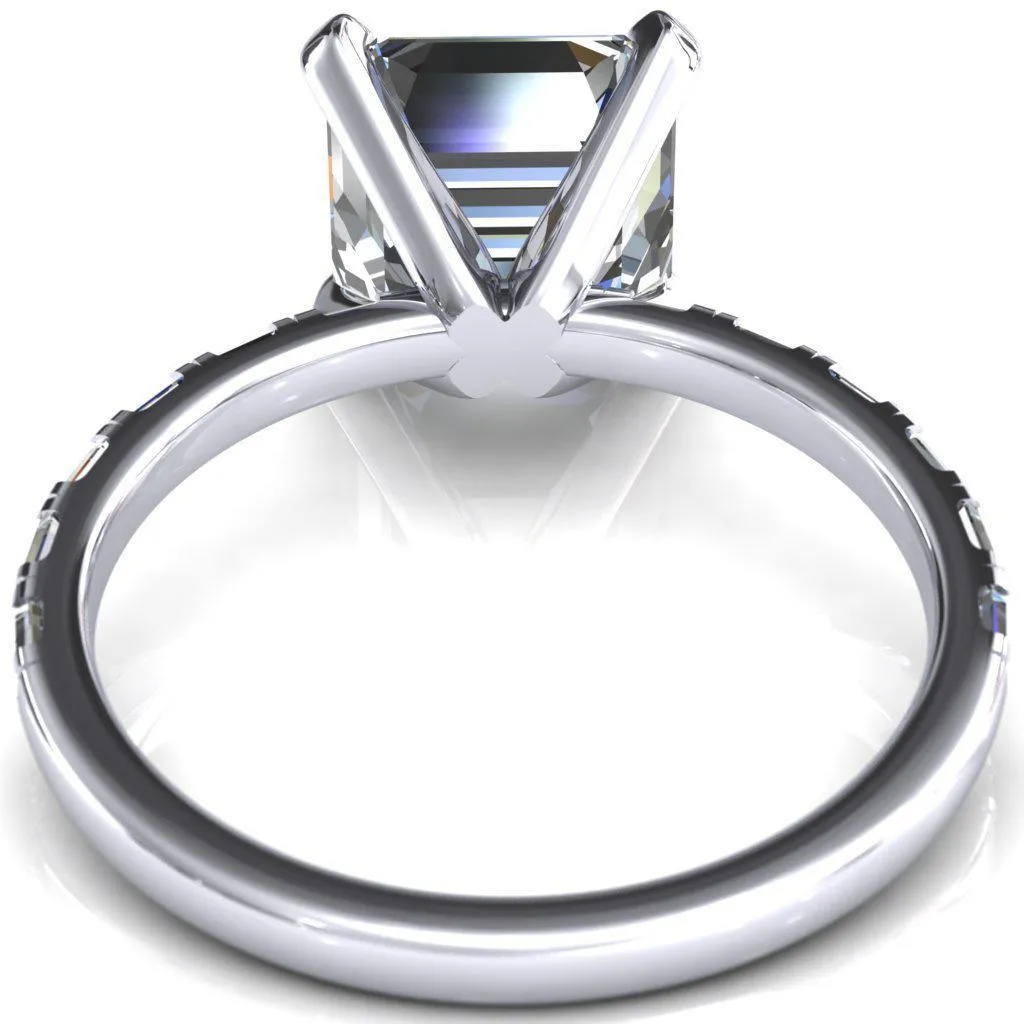 Judie Asscher Moissanite 4 V-Prong 1/2 Micropavé Baguette Diamond Accent Engagement Ring