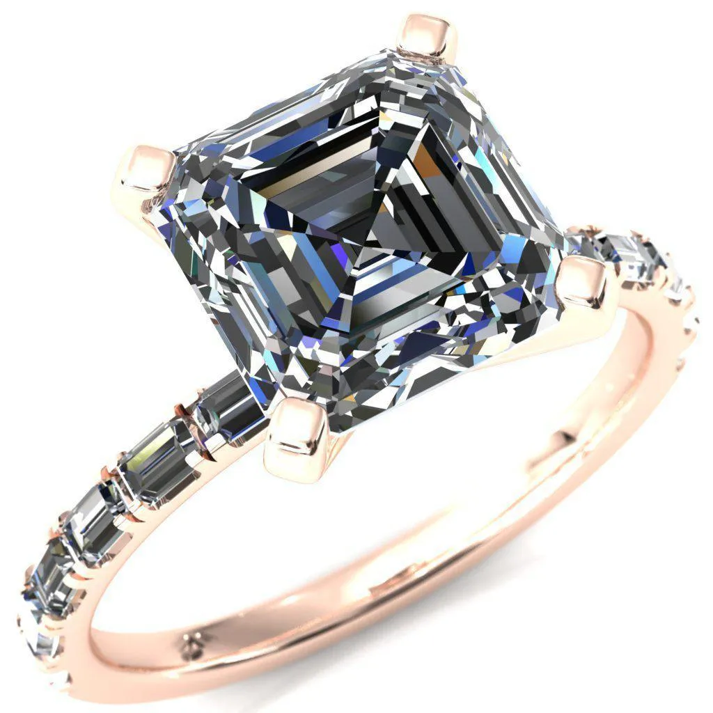 Judie Asscher Moissanite 4 V-Prong 1/2 Micropavé Baguette Diamond Accent Engagement Ring