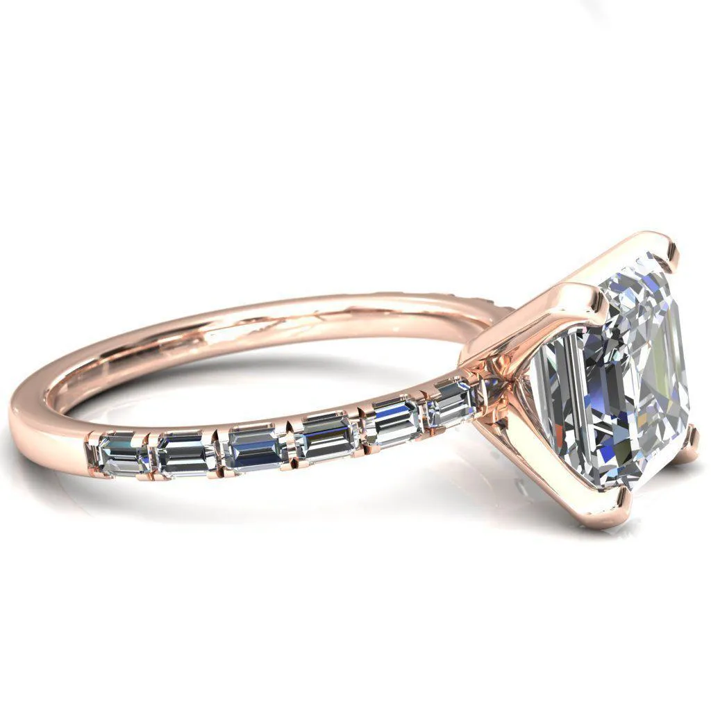 Judie Asscher Moissanite 4 V-Prong 1/2 Micropavé Baguette Diamond Accent Engagement Ring