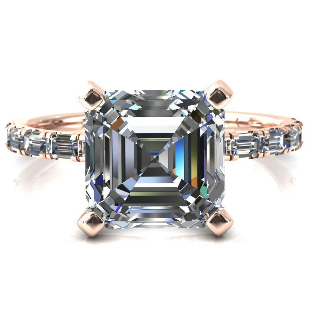 Judie Asscher Moissanite 4 V-Prong 1/2 Micropavé Baguette Diamond Accent Engagement Ring