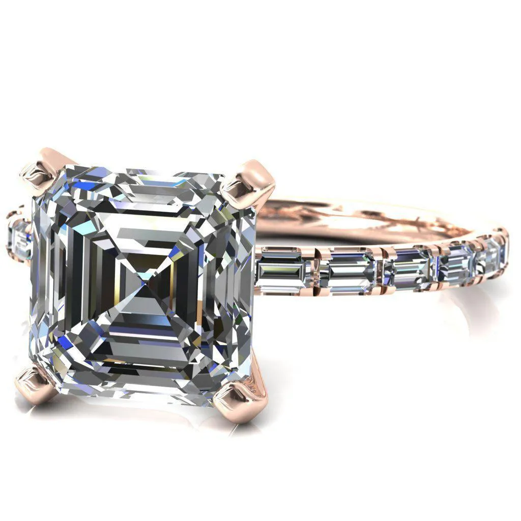 Judie Asscher Moissanite 4 V-Prong 1/2 Micropavé Baguette Diamond Accent Engagement Ring