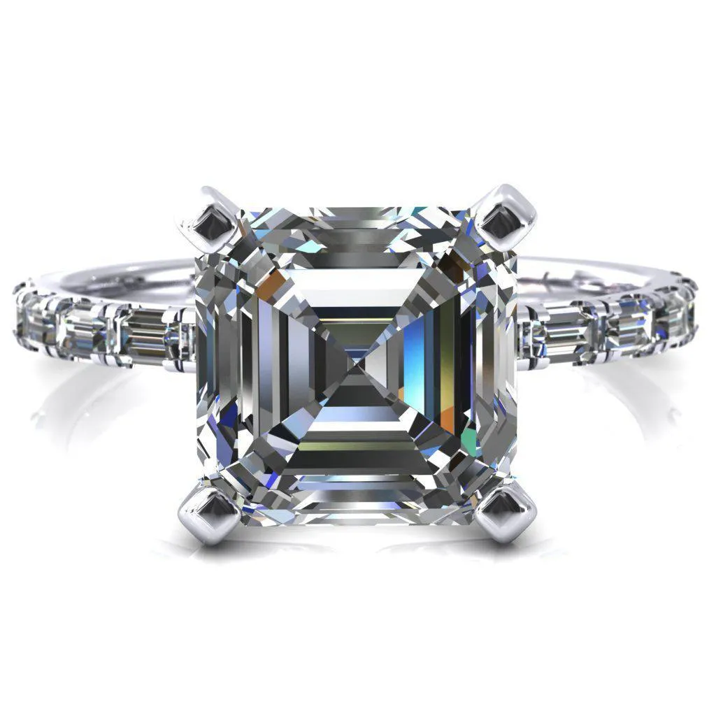 Judie Asscher Moissanite 4 V-Prong 1/2 Micropavé Baguette Diamond Accent Engagement Ring