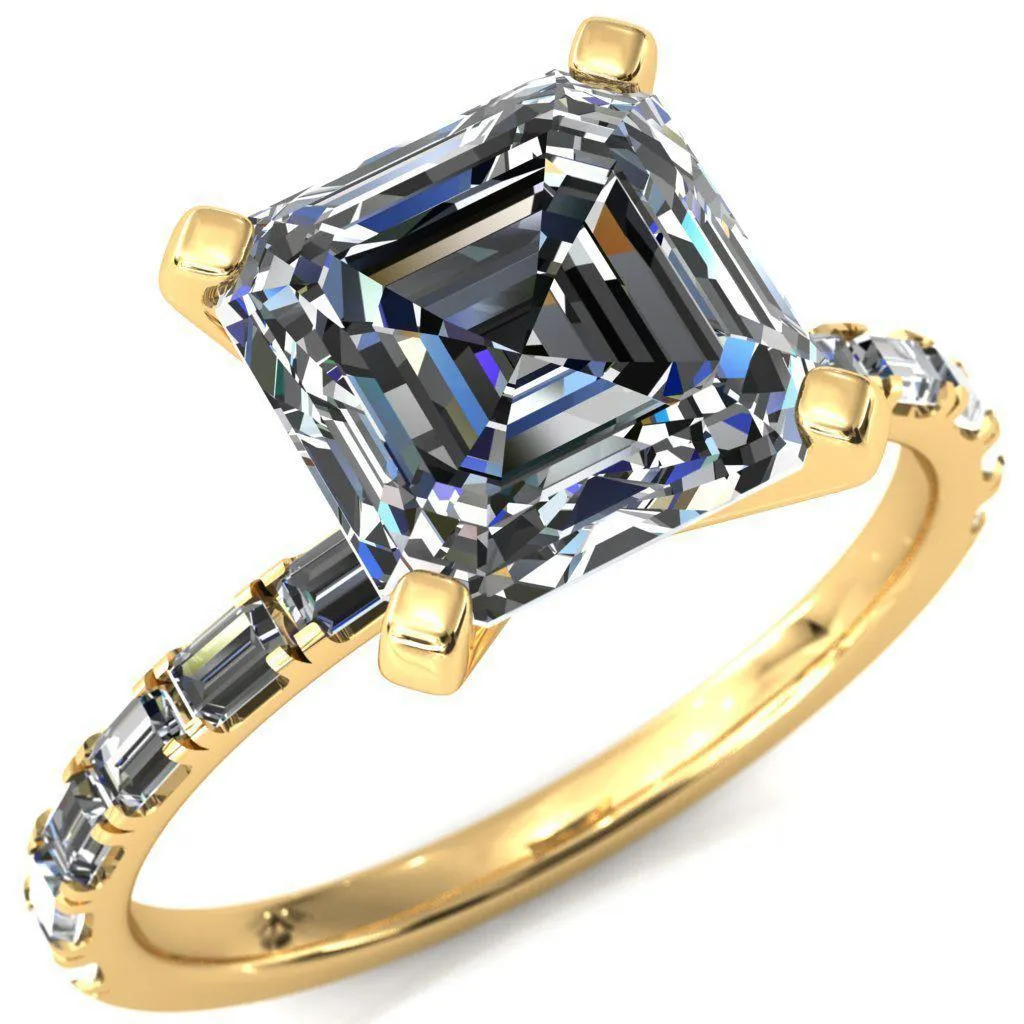 Judie Asscher Moissanite 4 V-Prong 1/2 Micropavé Baguette Diamond Accent Engagement Ring