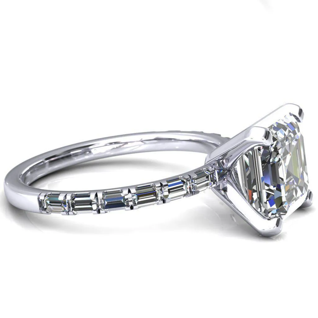Judie Asscher Moissanite 4 V-Prong 1/2 Micropavé Baguette Diamond Accent Engagement Ring