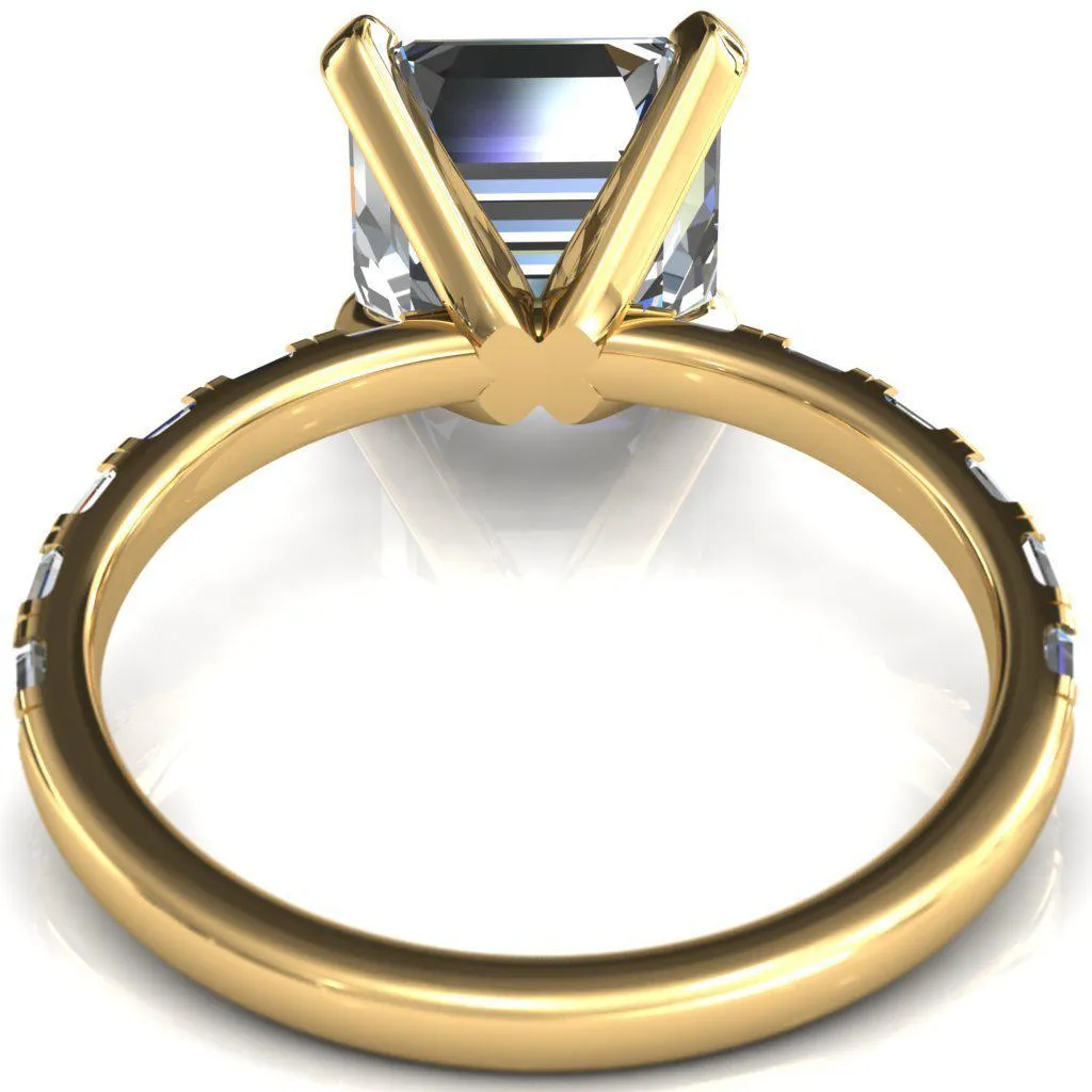 Judie Asscher Moissanite 4 V-Prong 1/2 Micropavé Baguette Diamond Accent Engagement Ring