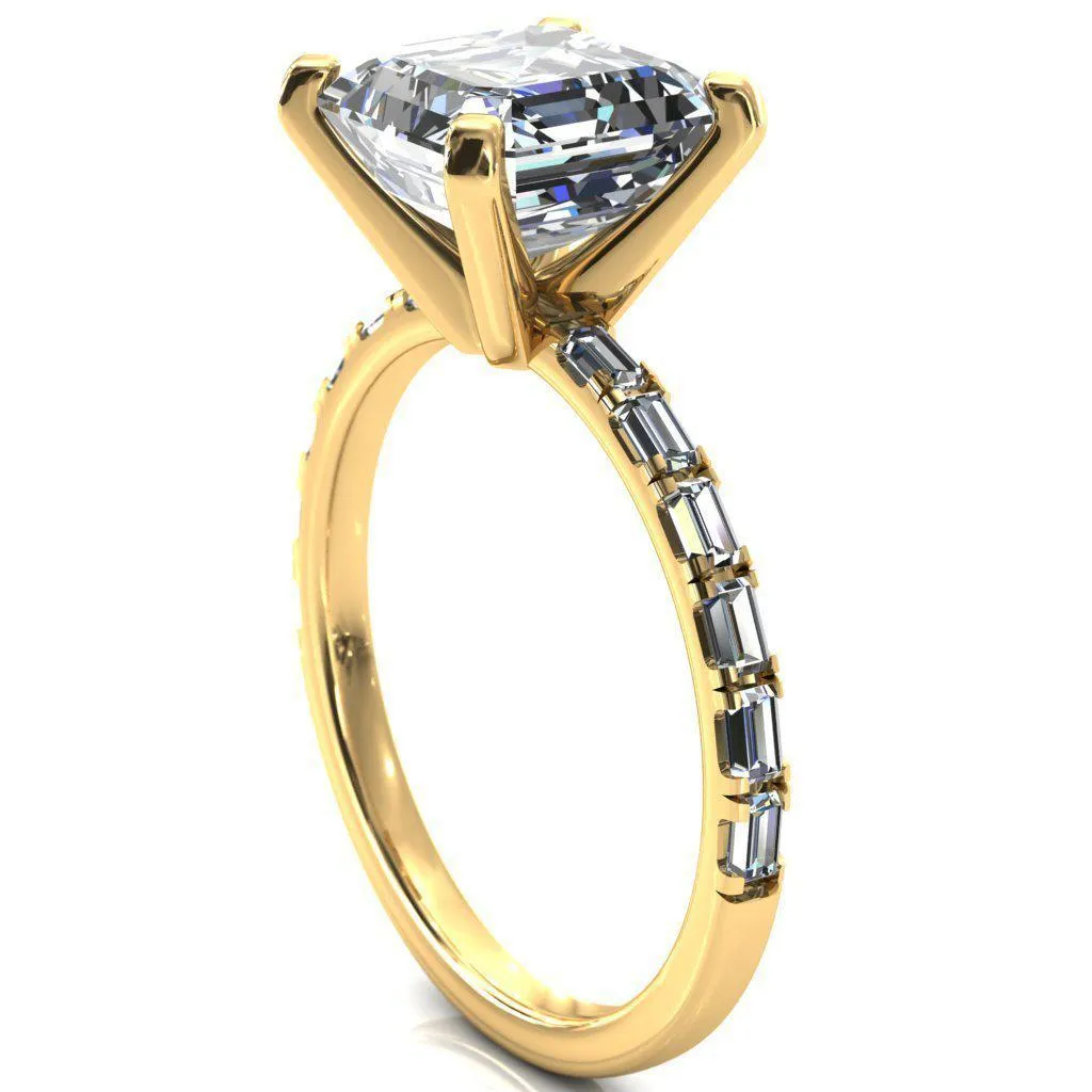 Judie Asscher Moissanite 4 V-Prong 1/2 Micropavé Baguette Diamond Accent Engagement Ring