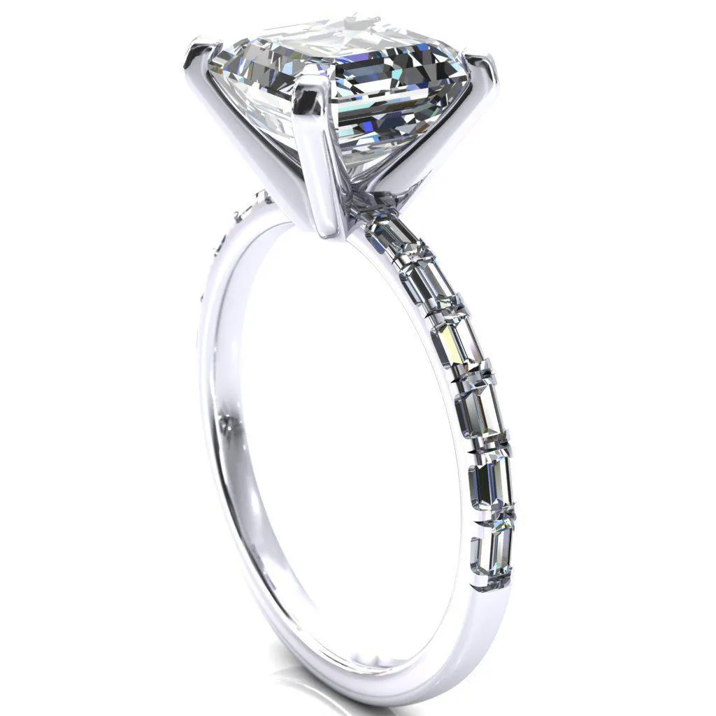 Judie Asscher Moissanite 4 V-Prong 1/2 Micropavé Baguette Diamond Accent Engagement Ring