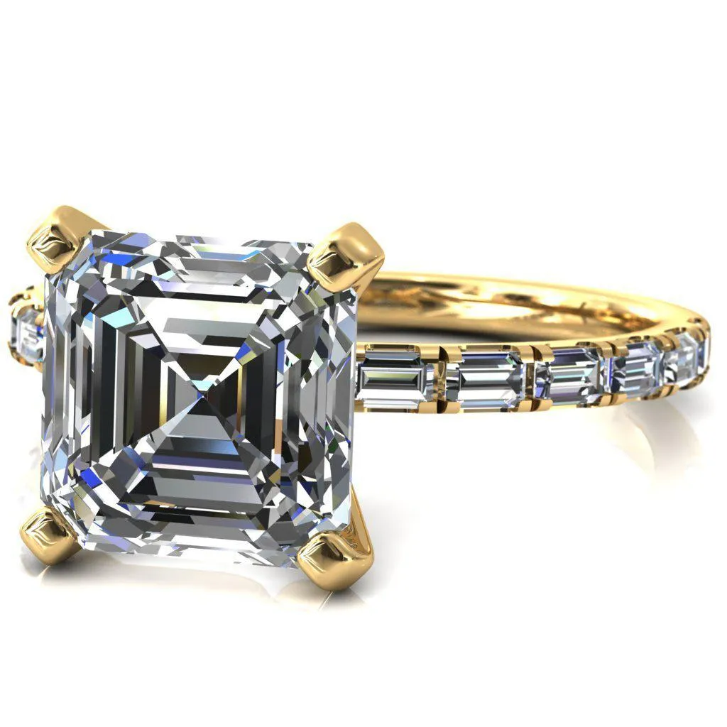 Judie Asscher Moissanite 4 V-Prong 1/2 Micropavé Baguette Diamond Accent Engagement Ring