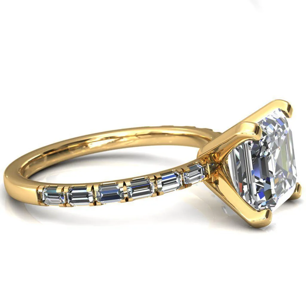 Judie Asscher Moissanite 4 V-Prong 1/2 Micropavé Baguette Diamond Accent Engagement Ring