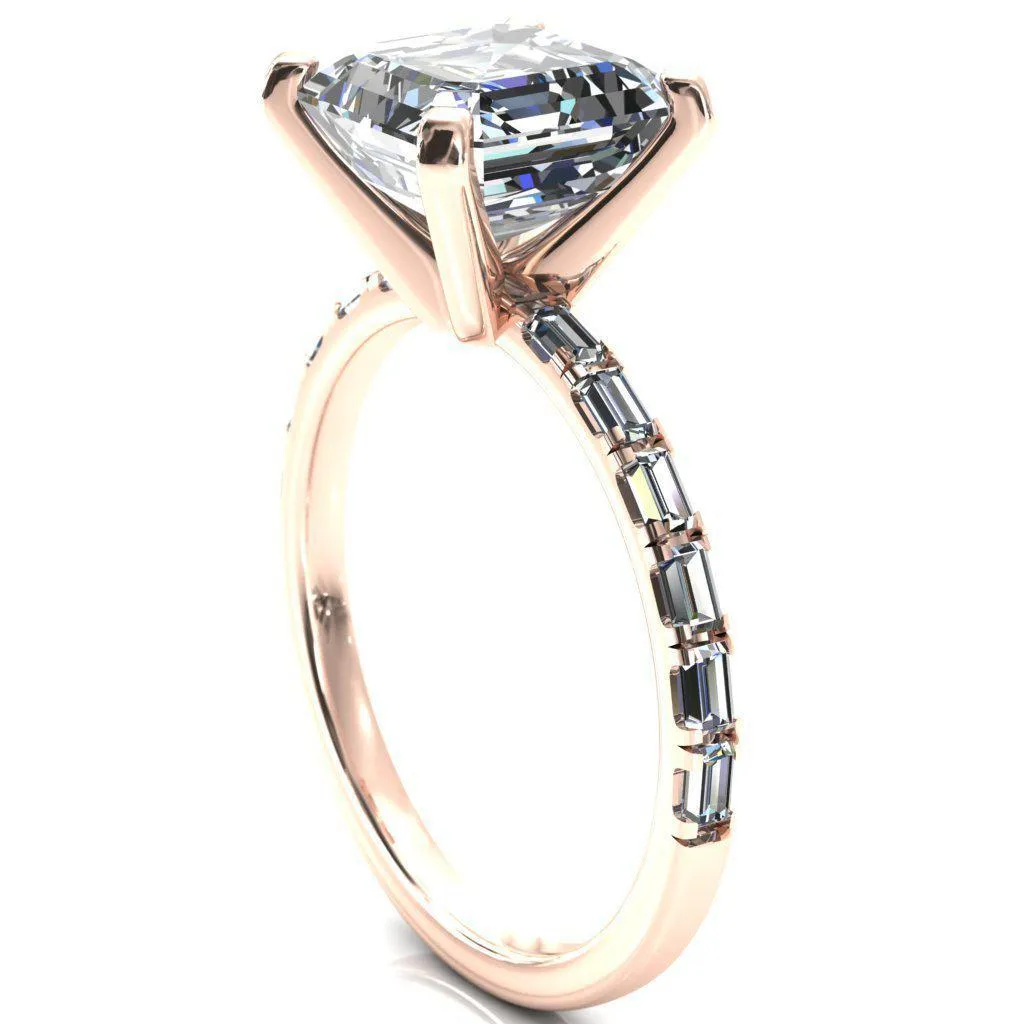 Judie Asscher Moissanite 4 V-Prong 1/2 Micropavé Baguette Diamond Accent Engagement Ring