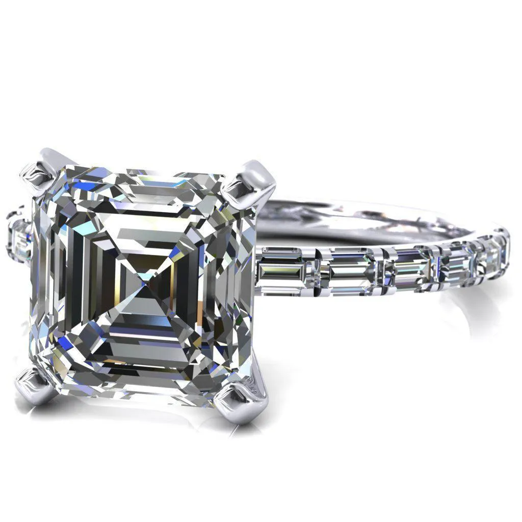 Judie Asscher Moissanite 4 V-Prong 1/2 Micropavé Baguette Diamond Accent Engagement Ring