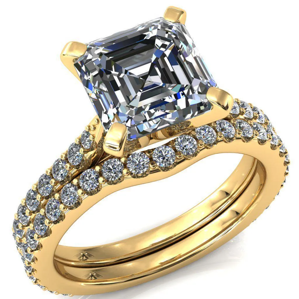 Kelsy Asscher Moissanite 4 Prong 3/4 Shared Scalloped Inverted Cathedral Ring