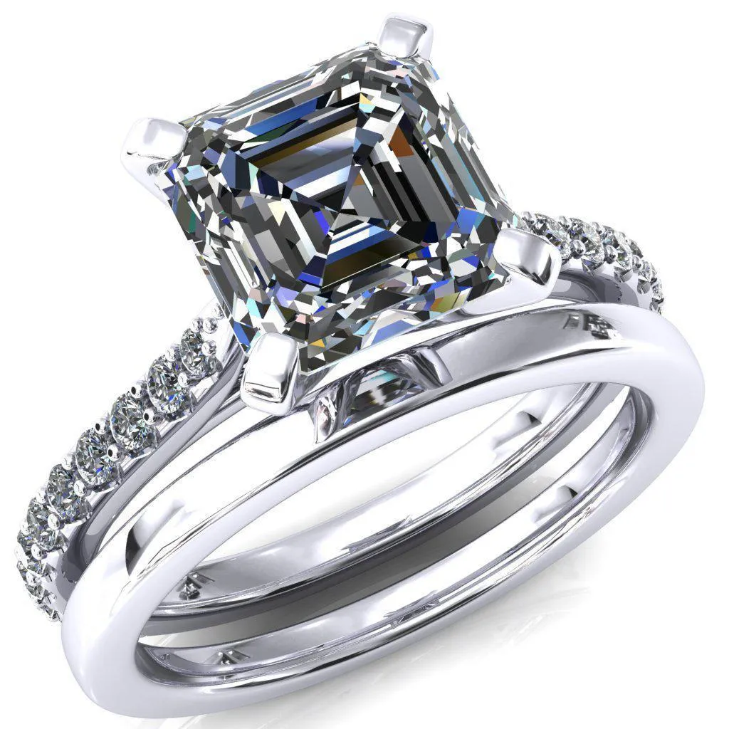 Kelsy Asscher Moissanite 4 Prong 3/4 Shared Scalloped Inverted Cathedral Ring