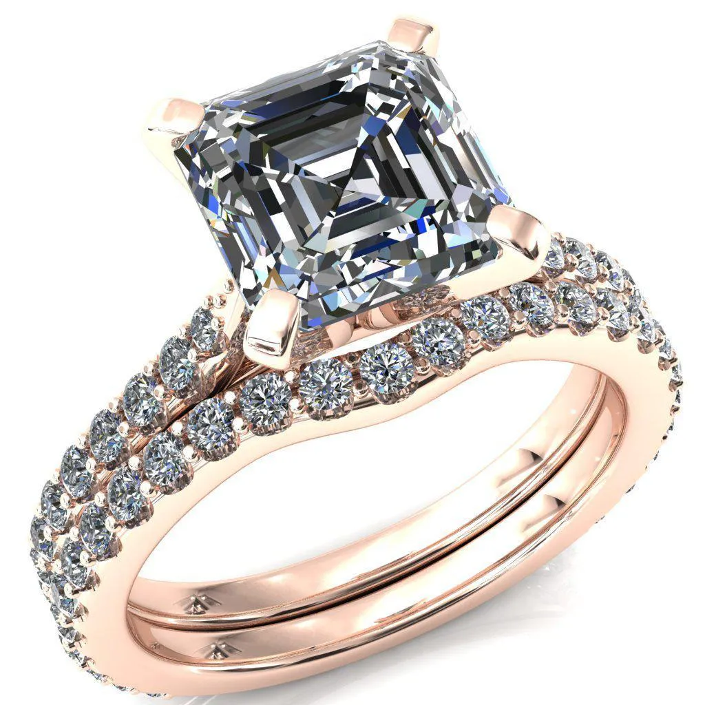 Kelsy Asscher Moissanite 4 Prong 3/4 Shared Scalloped Inverted Cathedral Ring