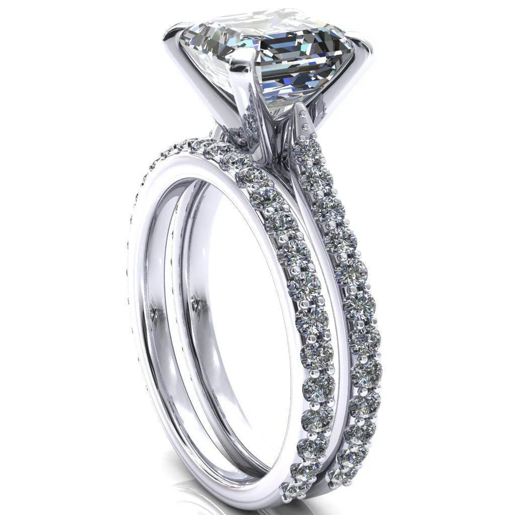 Kelsy Asscher Moissanite 4 Prong 3/4 Shared Scalloped Inverted Cathedral Ring