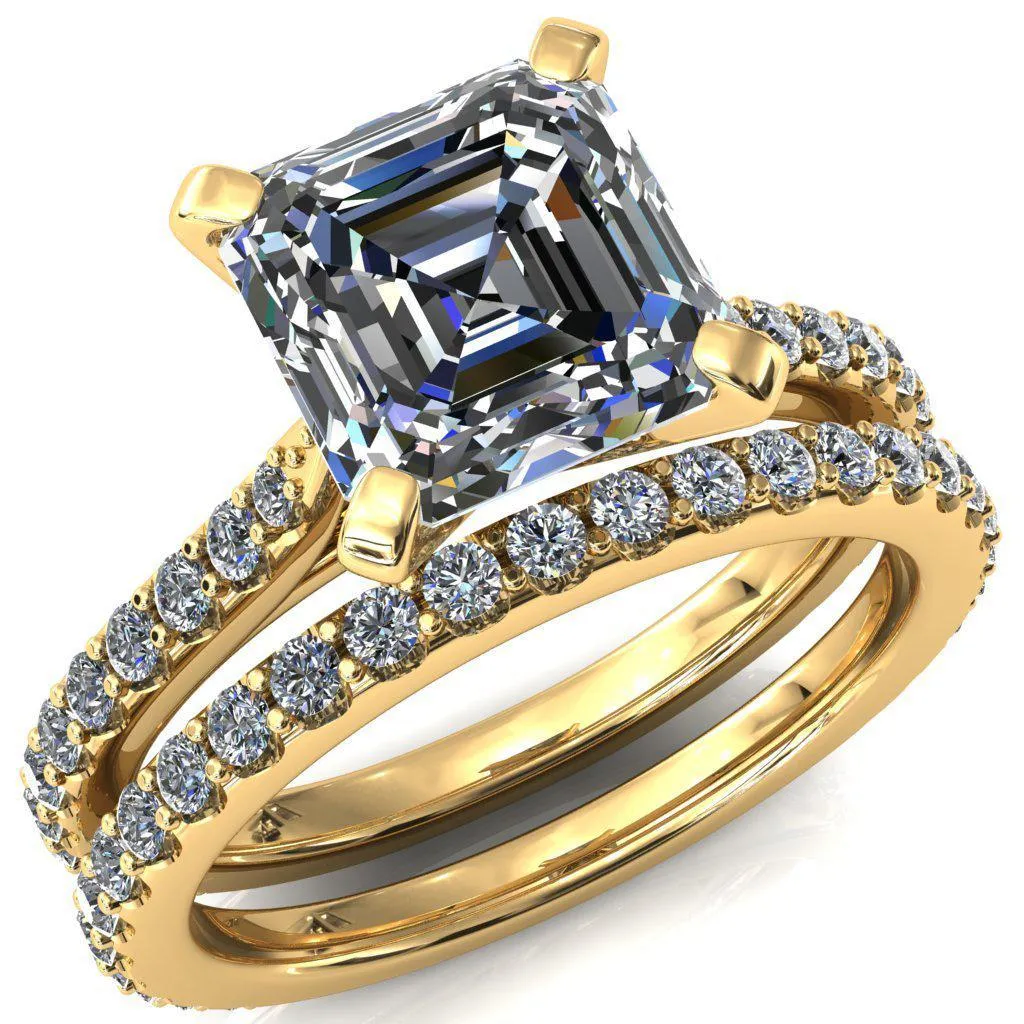 Kelsy Asscher Moissanite 4 Prong 3/4 Shared Scalloped Inverted Cathedral Ring
