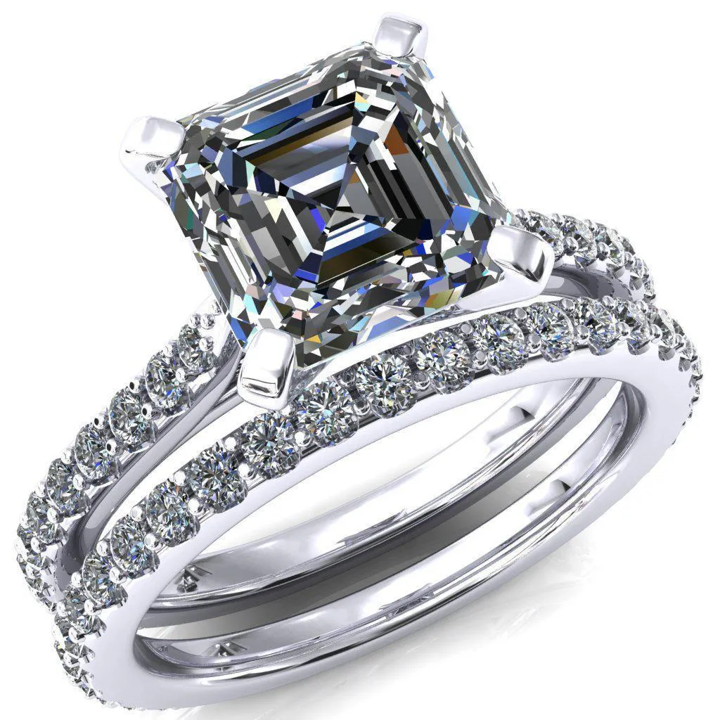 Kelsy Asscher Moissanite 4 Prong 3/4 Shared Scalloped Inverted Cathedral Ring