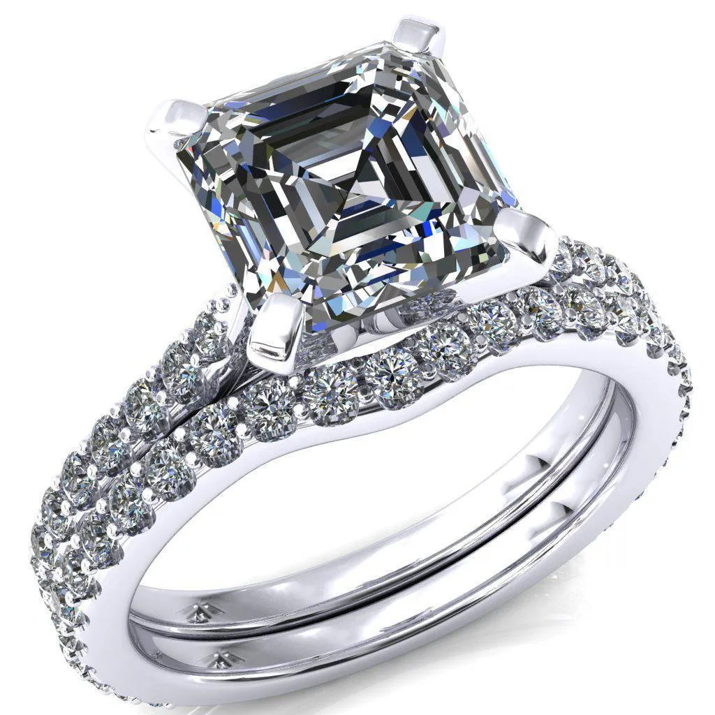 Kelsy Asscher Moissanite 4 Prong 3/4 Shared Scalloped Inverted Cathedral Ring