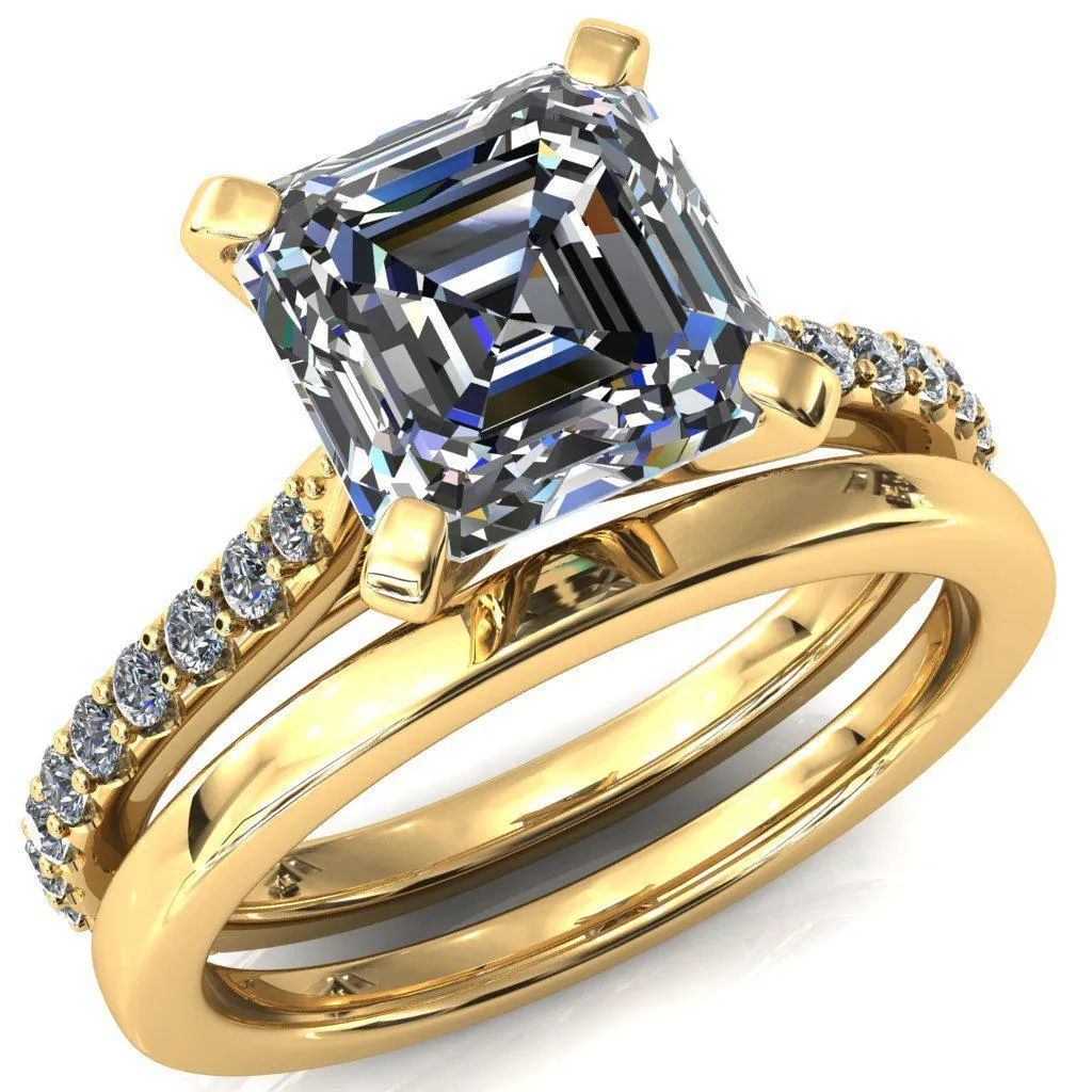 Kelsy Asscher Moissanite 4 Prong 3/4 Shared Scalloped Inverted Cathedral Ring