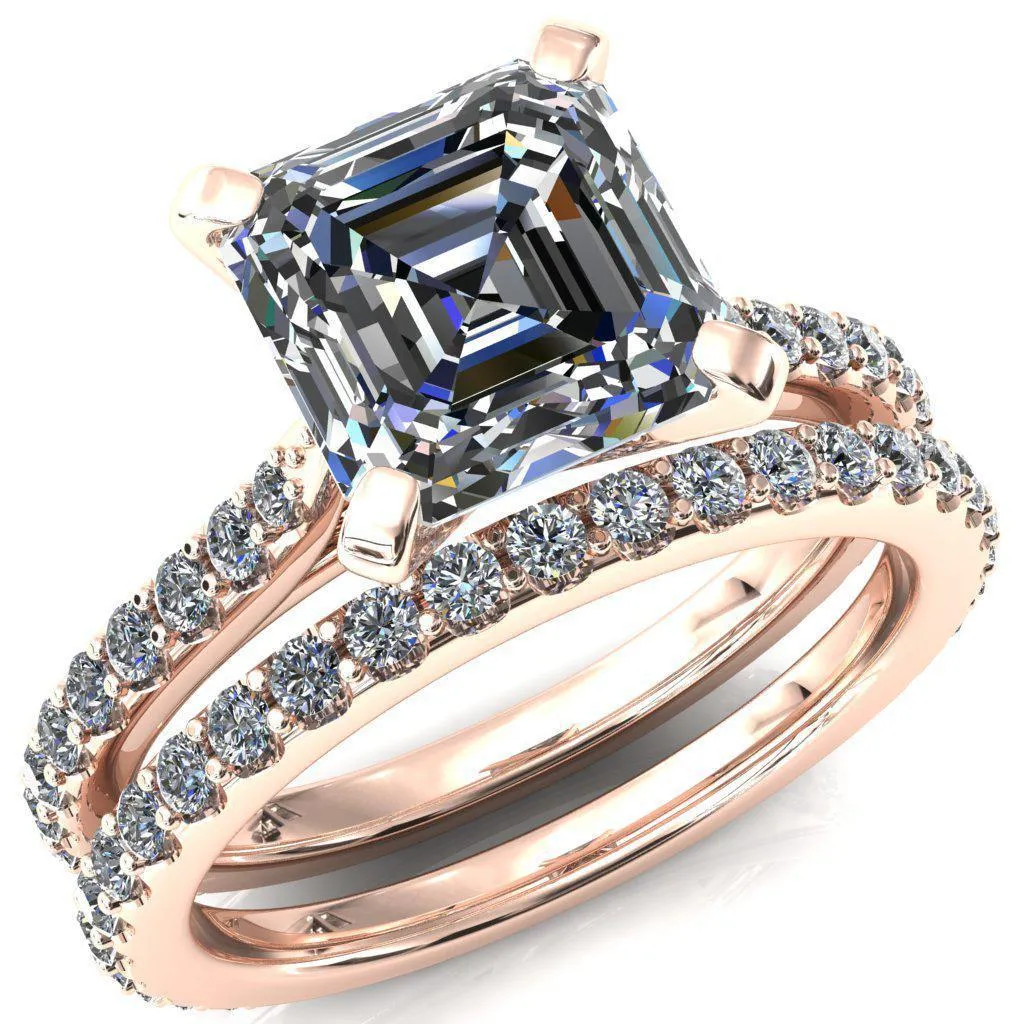 Kelsy Asscher Moissanite 4 Prong 3/4 Shared Scalloped Inverted Cathedral Ring