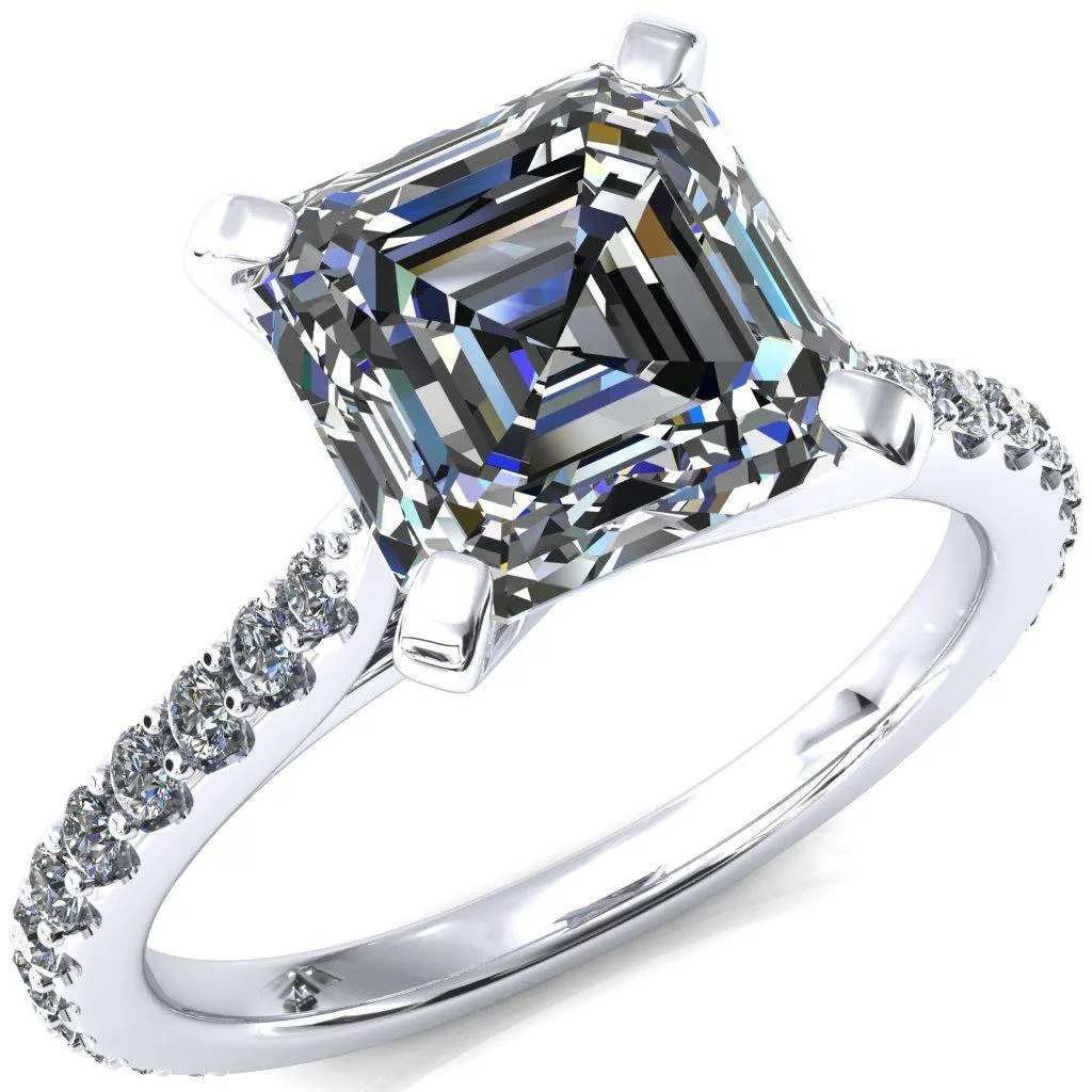 Kelsy Asscher Moissanite 4 Prong 3/4 Shared Scalloped Inverted Cathedral Ring