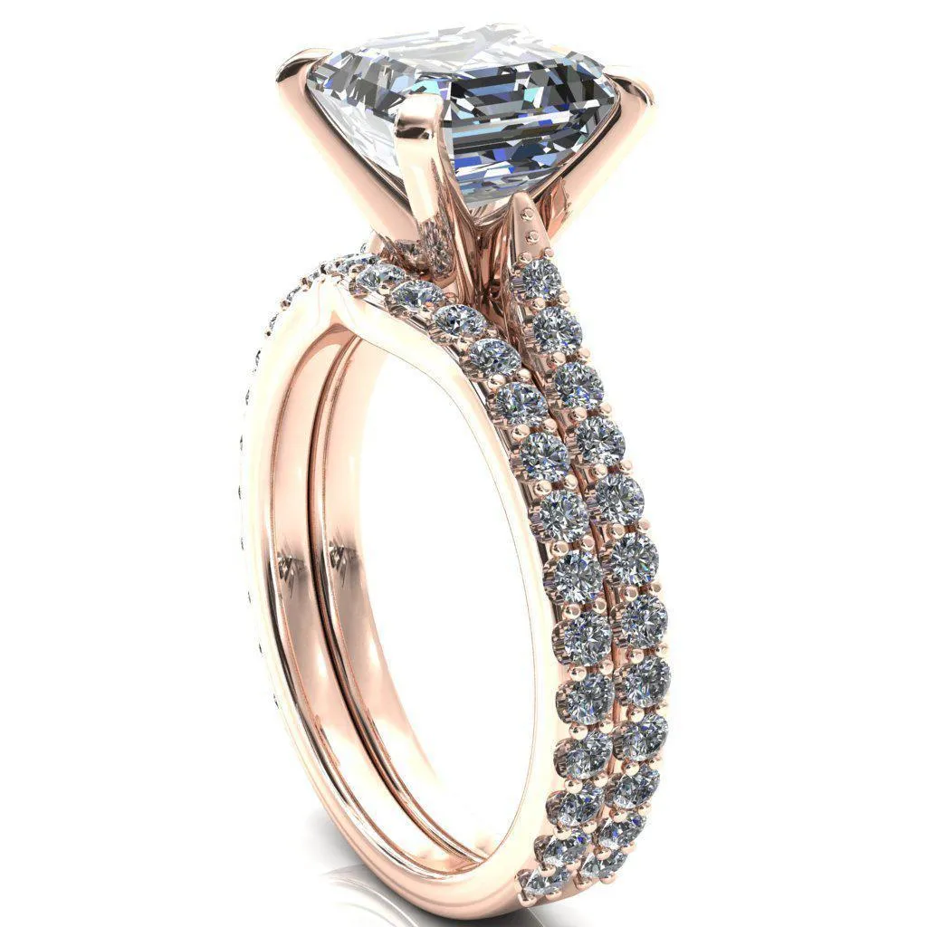Kelsy Asscher Moissanite 4 Prong 3/4 Shared Scalloped Inverted Cathedral Ring