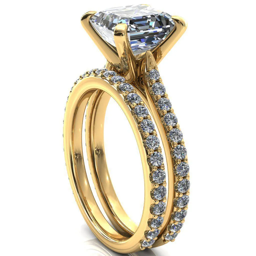 Kelsy Asscher Moissanite 4 Prong 3/4 Shared Scalloped Inverted Cathedral Ring