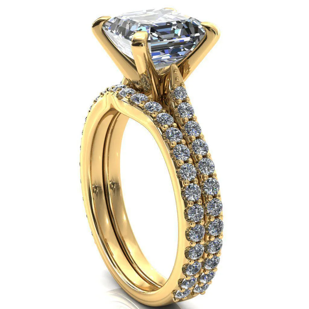Kelsy Asscher Moissanite 4 Prong 3/4 Shared Scalloped Inverted Cathedral Ring