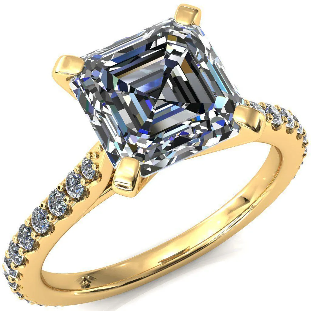 Kelsy Asscher Moissanite 4 Prong 3/4 Shared Scalloped Inverted Cathedral Ring