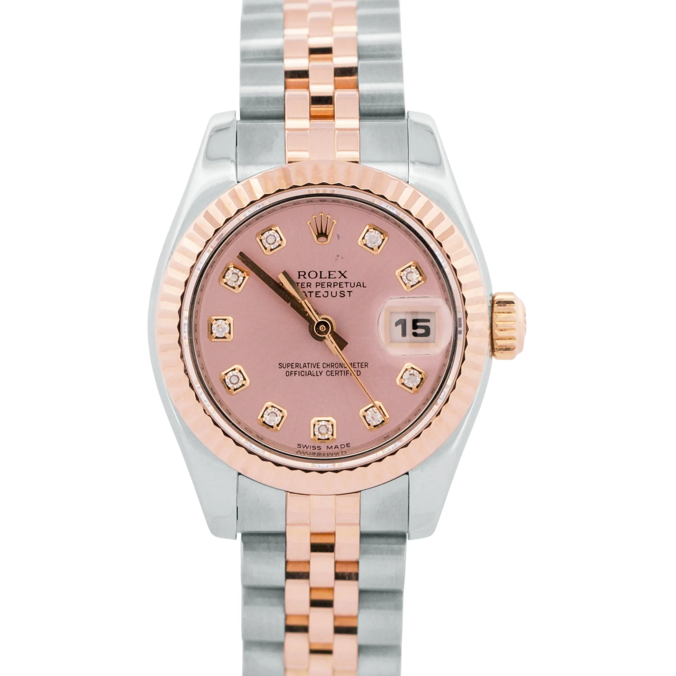 Ladies Rolex DateJust 26mm FACTORY PINK DIAMOND 18K Rose Gold JUBILEE 179171