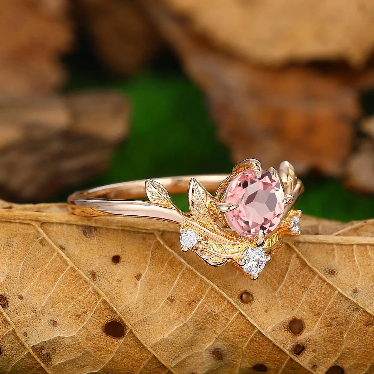 Leaf Vines 0.8ct Round Cut Natural Pink Morganite 10k 14k Gold Bridal Ring