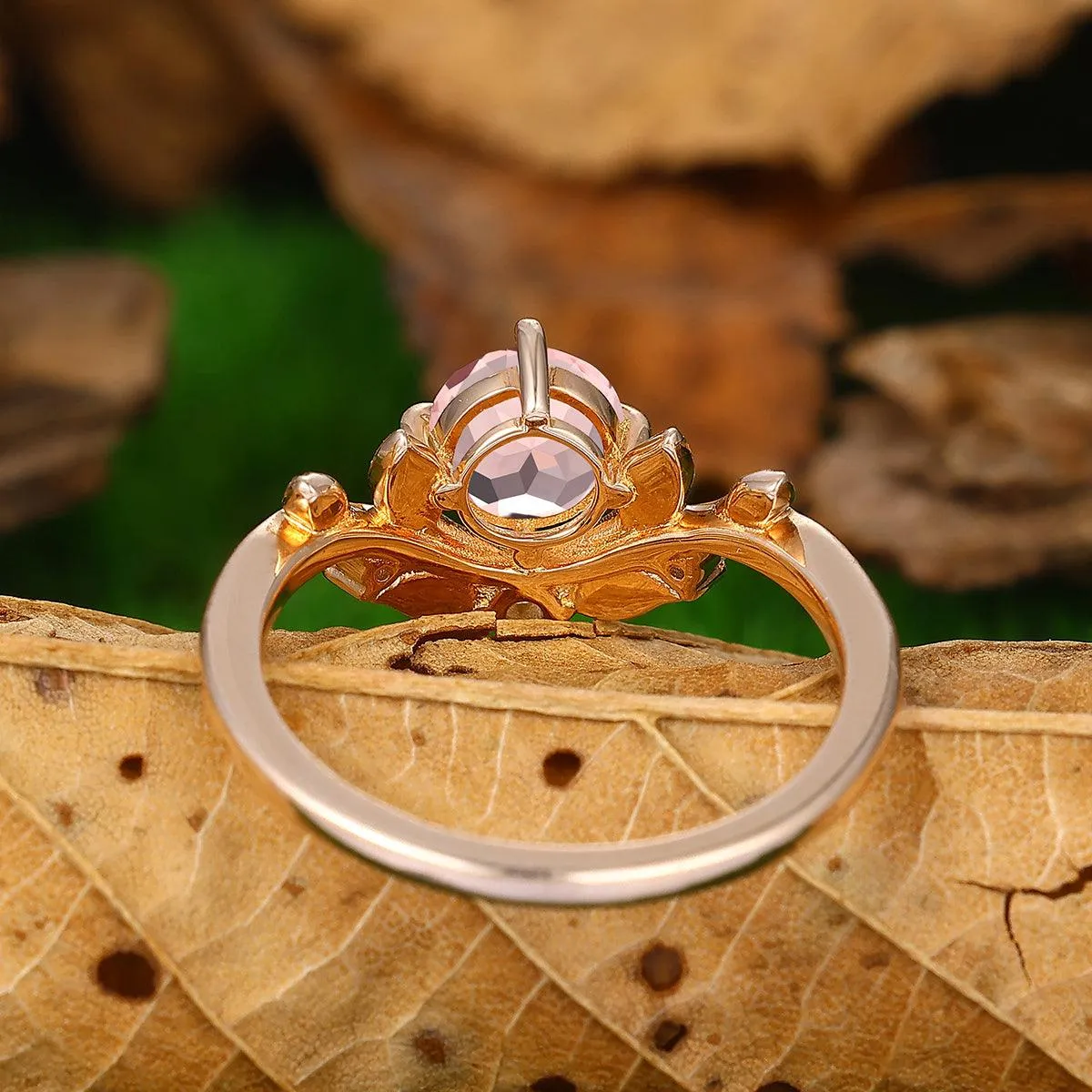 Leaf Vines 0.8ct Round Cut Natural Pink Morganite 10k 14k Gold Bridal Ring